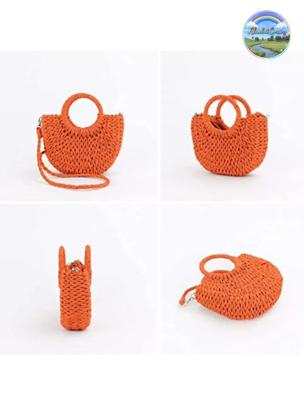 Handwoven Rattan Straw Semi-Circle Tote Beach Bag Summer Retro Shoulder
